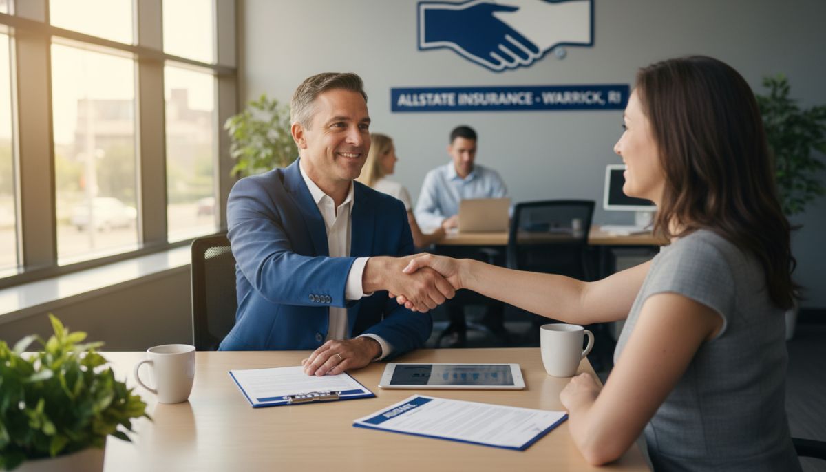 A professional Allstate insurance agent in a modern Warwick office setting, shaking hands with a smiling client across a desk featuring insurance documents and a digital tablet, professional corporate atmosphere, warm natural lighting.