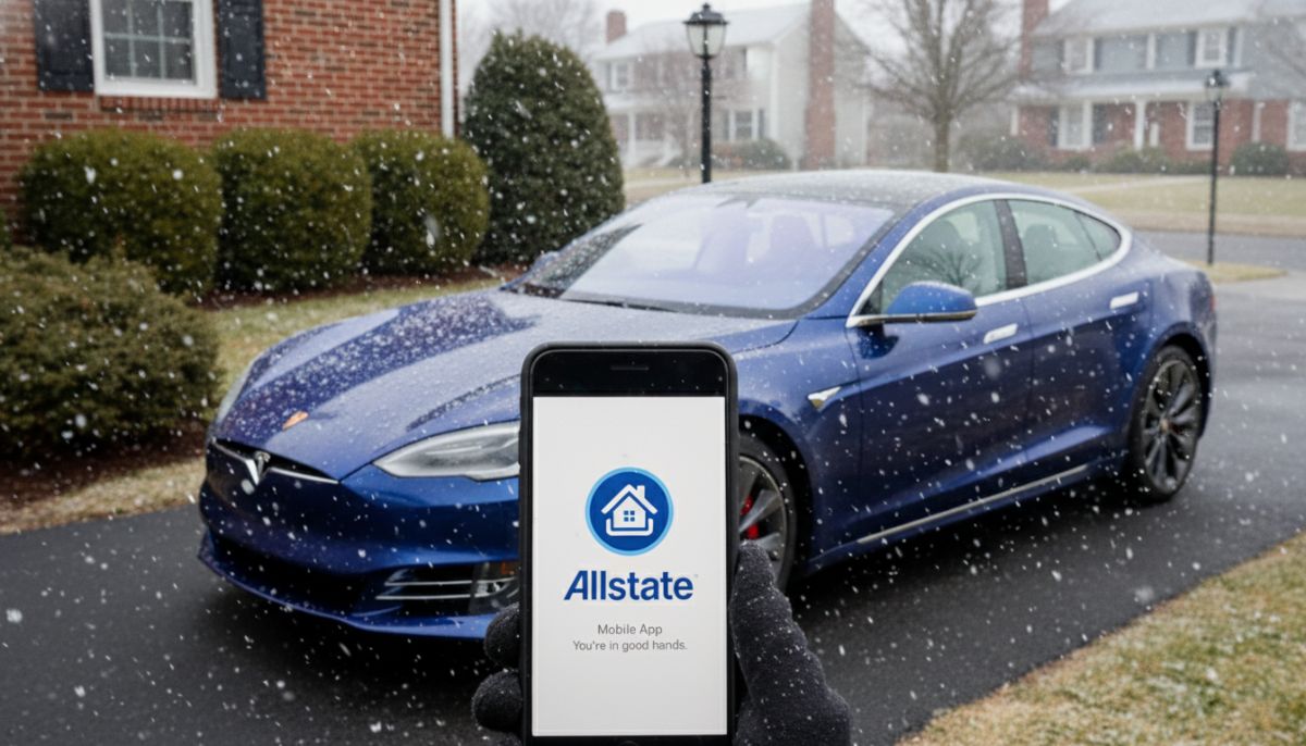 A high-quality visual representation of a modern car parked safely in a Warwick residential driveway during a light New England snow shower, with a smartphone in the foreground displaying the Allstate mobile app icon, symbolizing protection and digital accessibility.