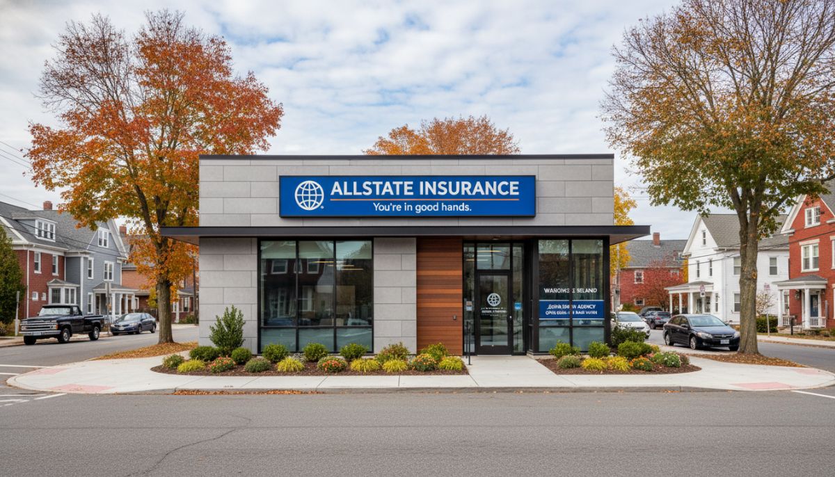 A professional Allstate insurance office exterior in Warwick, Rhode Island, featuring clean architectural lines and visible branding, set against a backdrop of a typical New England street.