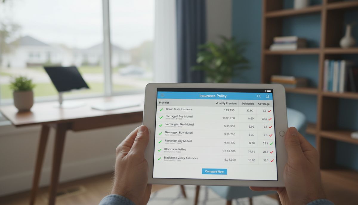 A high-quality close-up of a digital tablet showing an insurance policy comparison tool, with a blurred background of a modern home office in Warwick, RI.