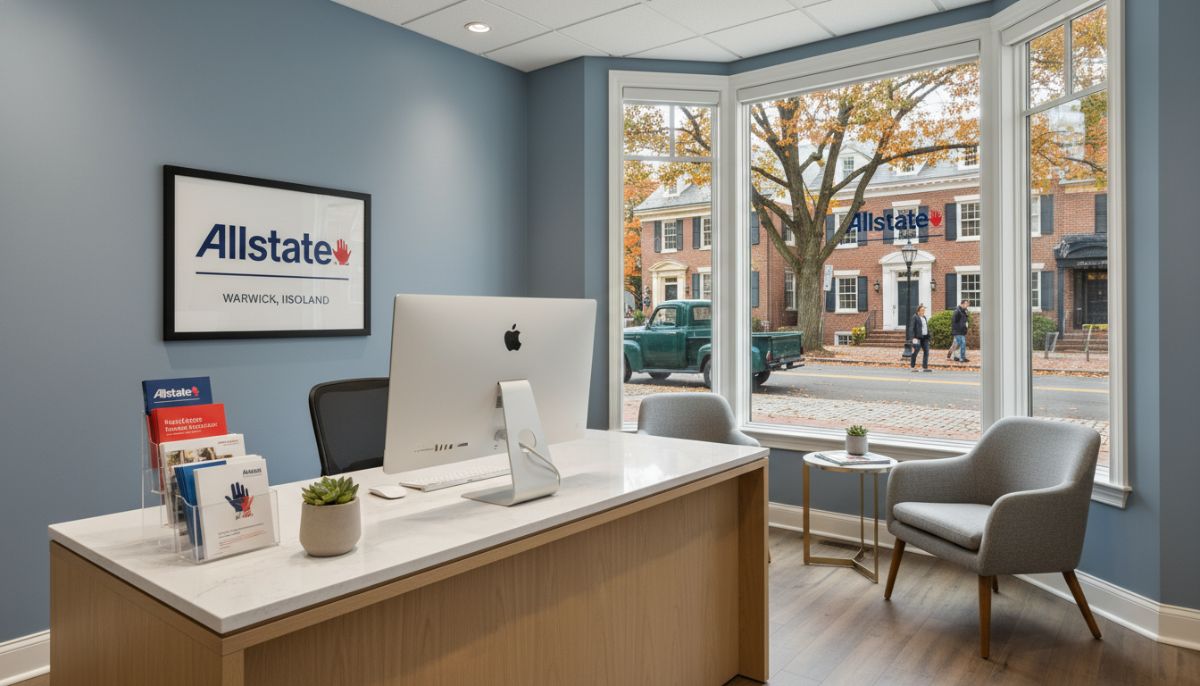 A professional Allstate local agency office interior in Warwick, Rhode Island, with a modern desk, insurance brochures, and a view of a typical New England street through the window.