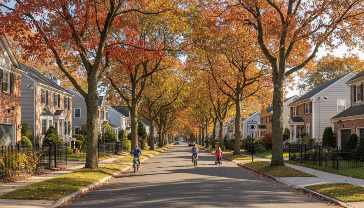 A suburban residential street in Warwick, Rhode Island, during the autumn season, showcasing well-maintained homes with a focus on safety and protection.