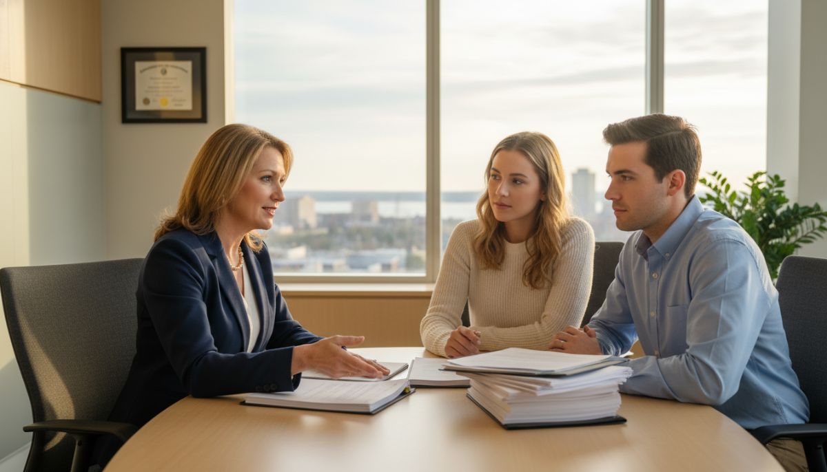 A professional insurance advisor in a modern office in Warwick, RI, discussing life insurance policy documents with a young couple, soft sunlight coming through the window, high resolution, professional photography style.