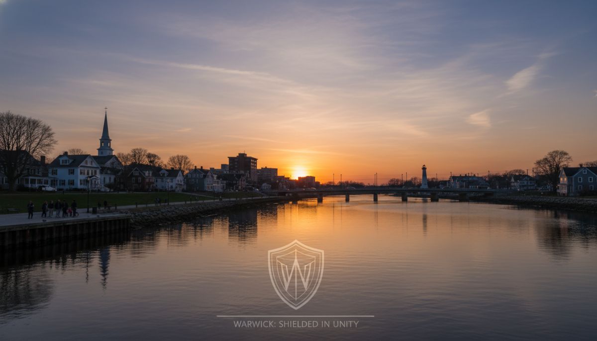 A wide-angle view of the Warwick, Rhode Island skyline near the Pawtuxet River at sunset, symbolizing security and community peace, cinematic lighting, 4k.