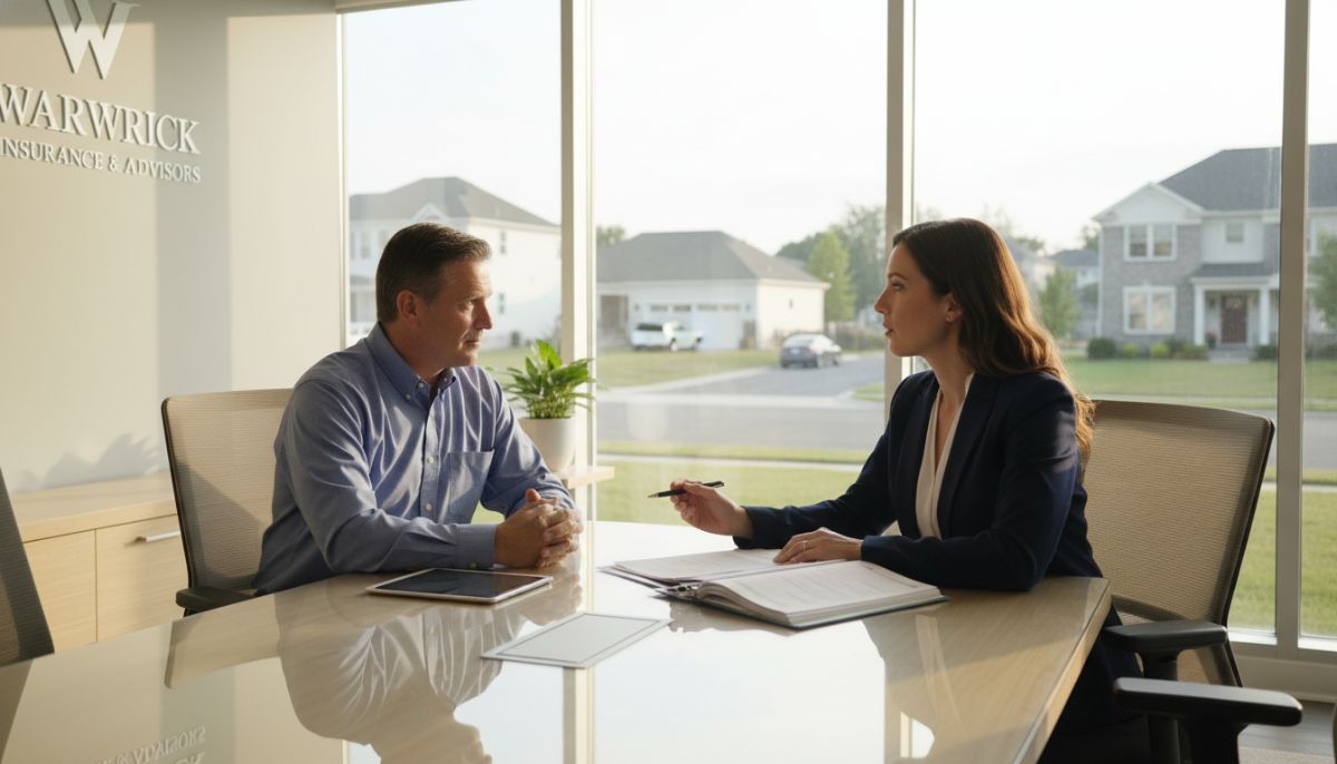 A professional insurance agent in a modern Warwick, Rhode Island office, reviewing policy documents with a client, window view of a clean suburban street, cinematic lighting, 4k resolution
