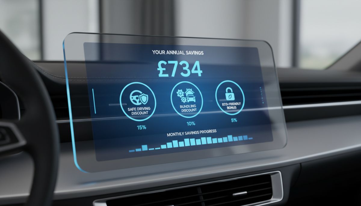 A high-tech digital dashboard displaying insurance savings, discount icons for safe driving and bundling, clean minimalist interface, professional blue and white color palette
