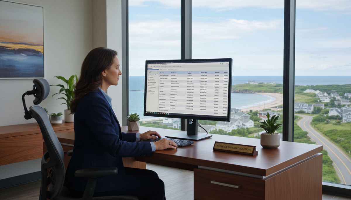 A professional insurance agent in a modern office in Warwick, Rhode Island, looking at a computer screen showing insurance policy details with a view of the local landscape through the window.