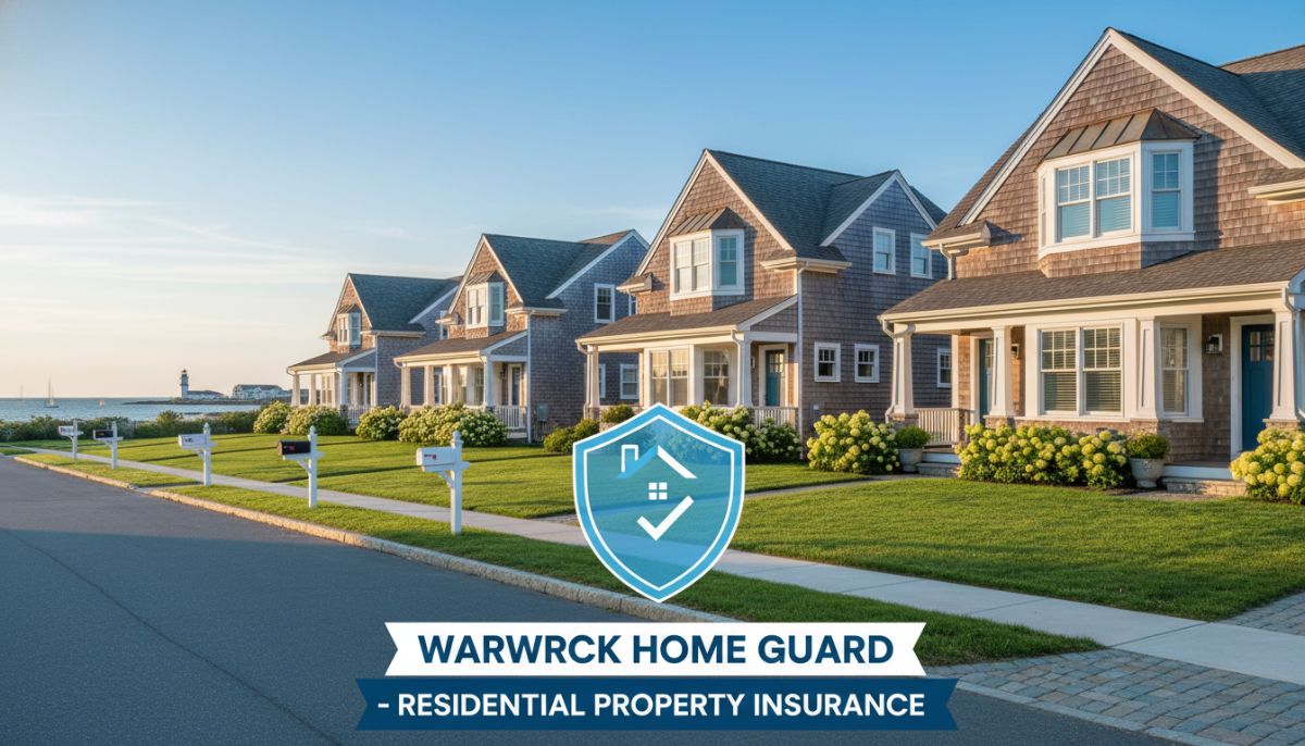 A suburban neighborhood in Warwick, Rhode Island, featuring coastal-style houses with manicured lawns, representing residential property insurance coverage.