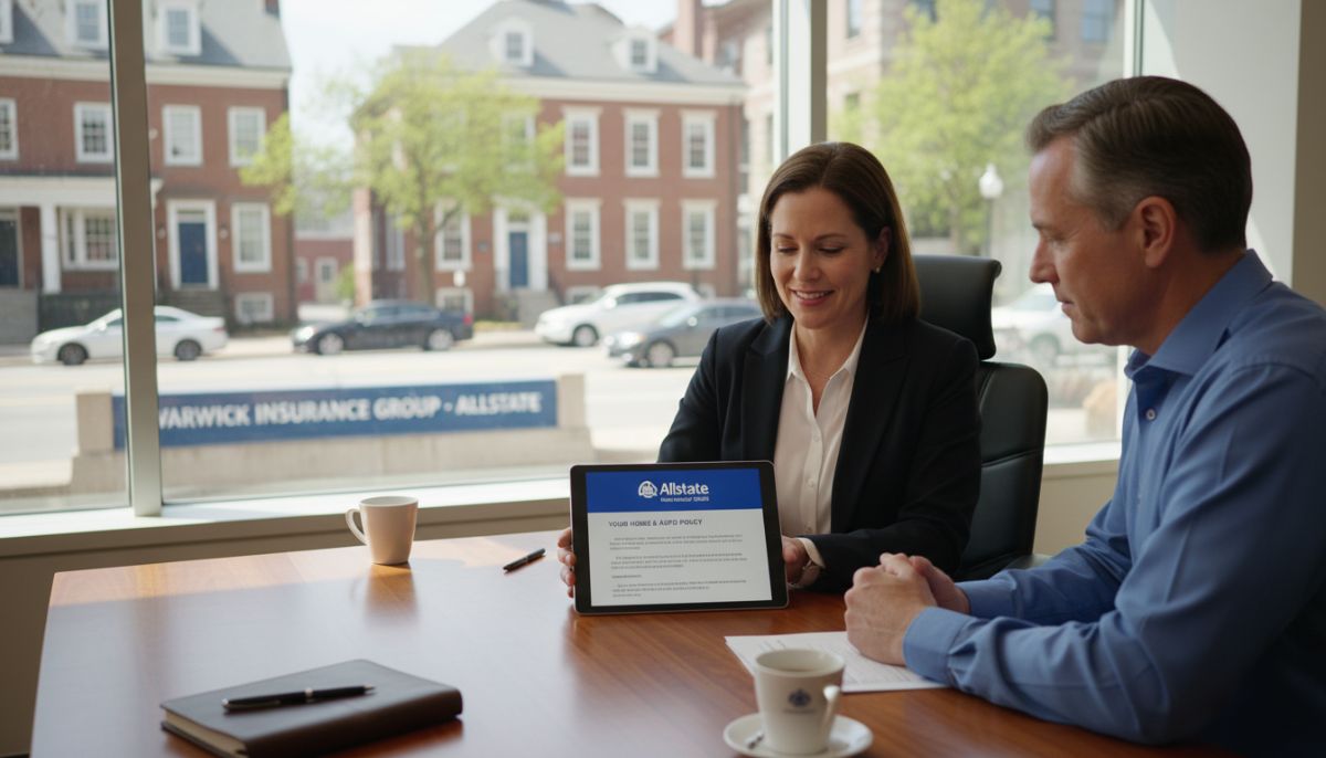 A professional insurance consultation setting in an office overlooking a Warwick, RI street, featuring an Allstate agent reviewing a digital policy document with a client, high-quality corporate photography style.