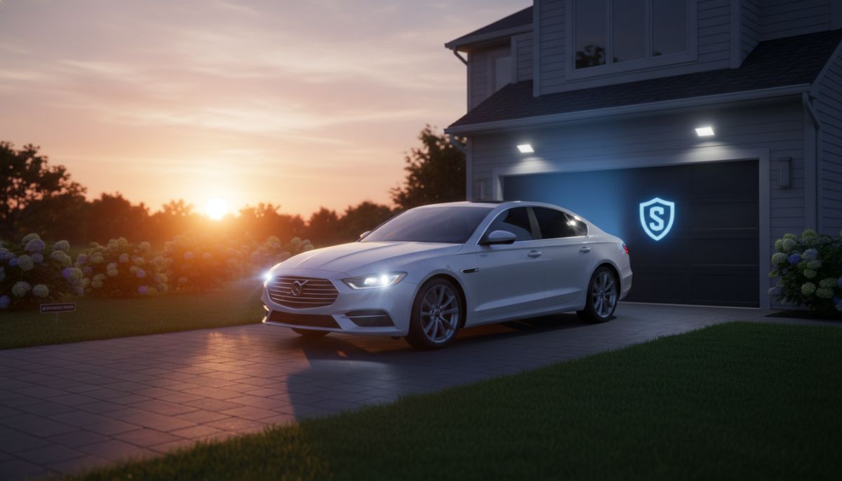 A modern white sedan parked safely in a well-lit Warwick residential driveway during a clear sunset, symbolizing vehicle safety and protection, cinematic lighting.
