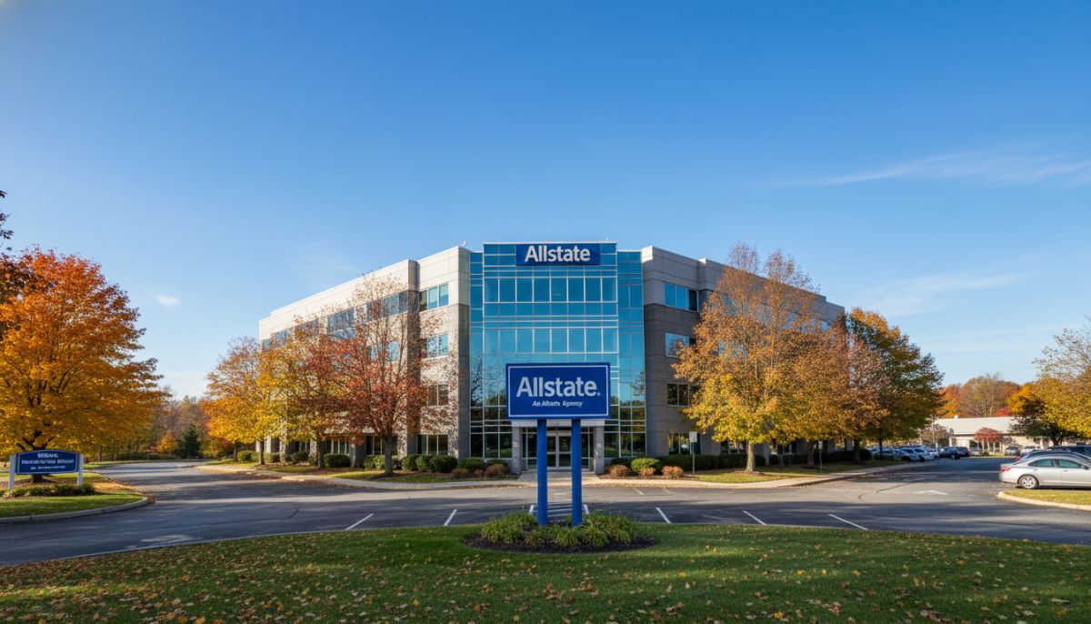 A professional insurance office building in Warwick, Rhode Island, with the Allstate logo prominently displayed, surrounded by New England autumnal trees and a clear blue sky.
