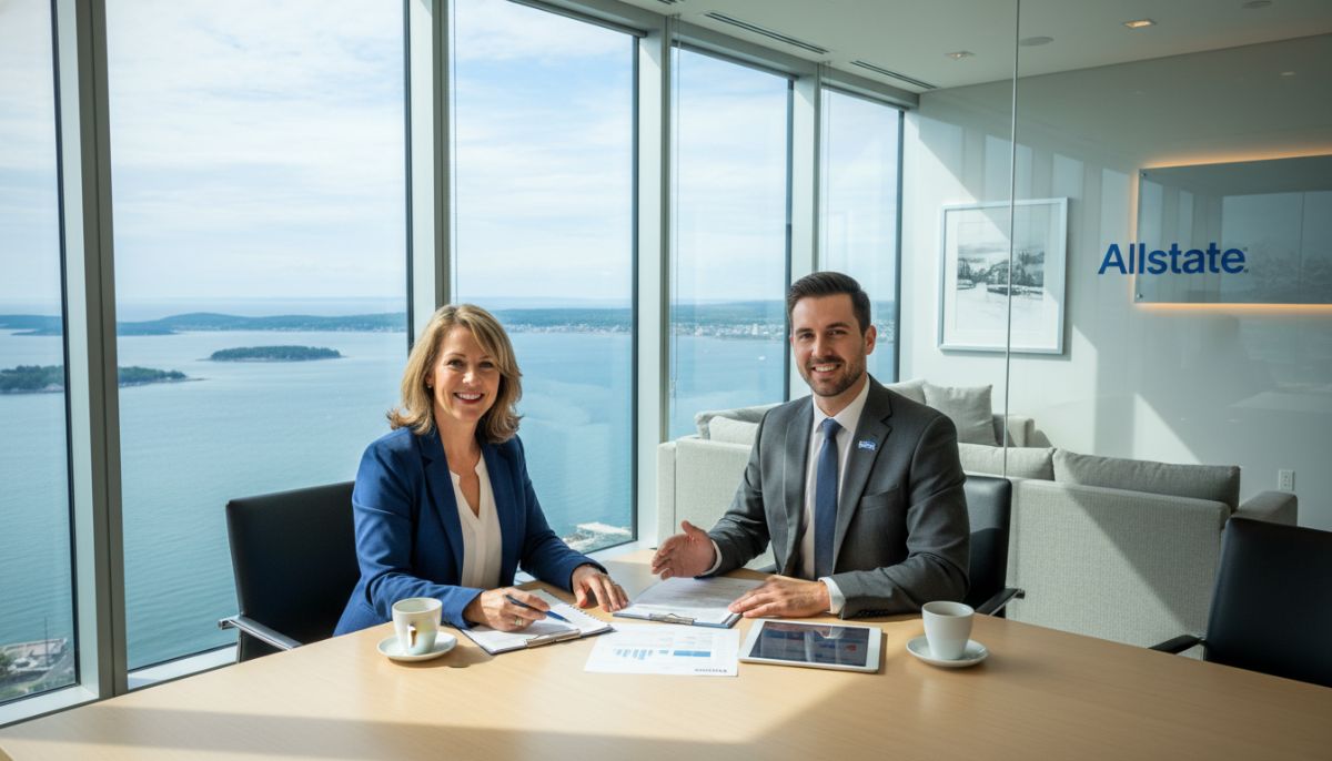 A local Warwick resident meeting with a professional Allstate insurance agent in a modern office setting, discussing policy documents with a view of the Rhode Island coastline in the background.