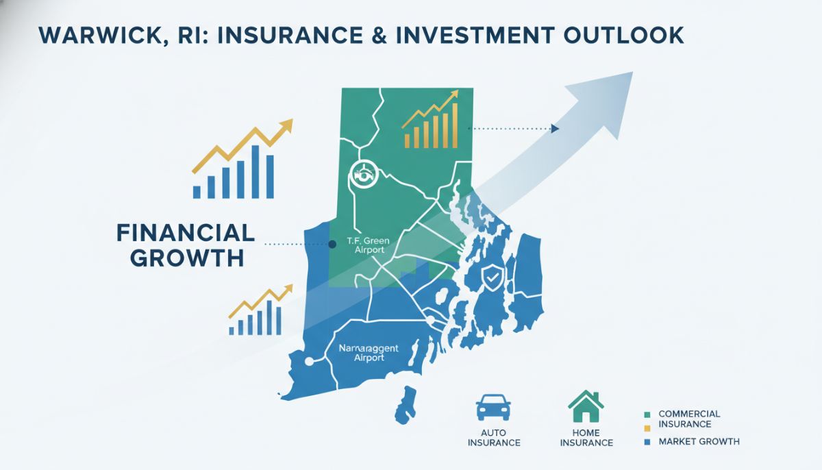 A professional infographic showing a map of Warwick, Rhode Island, with various insurance symbols such as car, home, and shield icons, overlaid with professional financial growth charts.