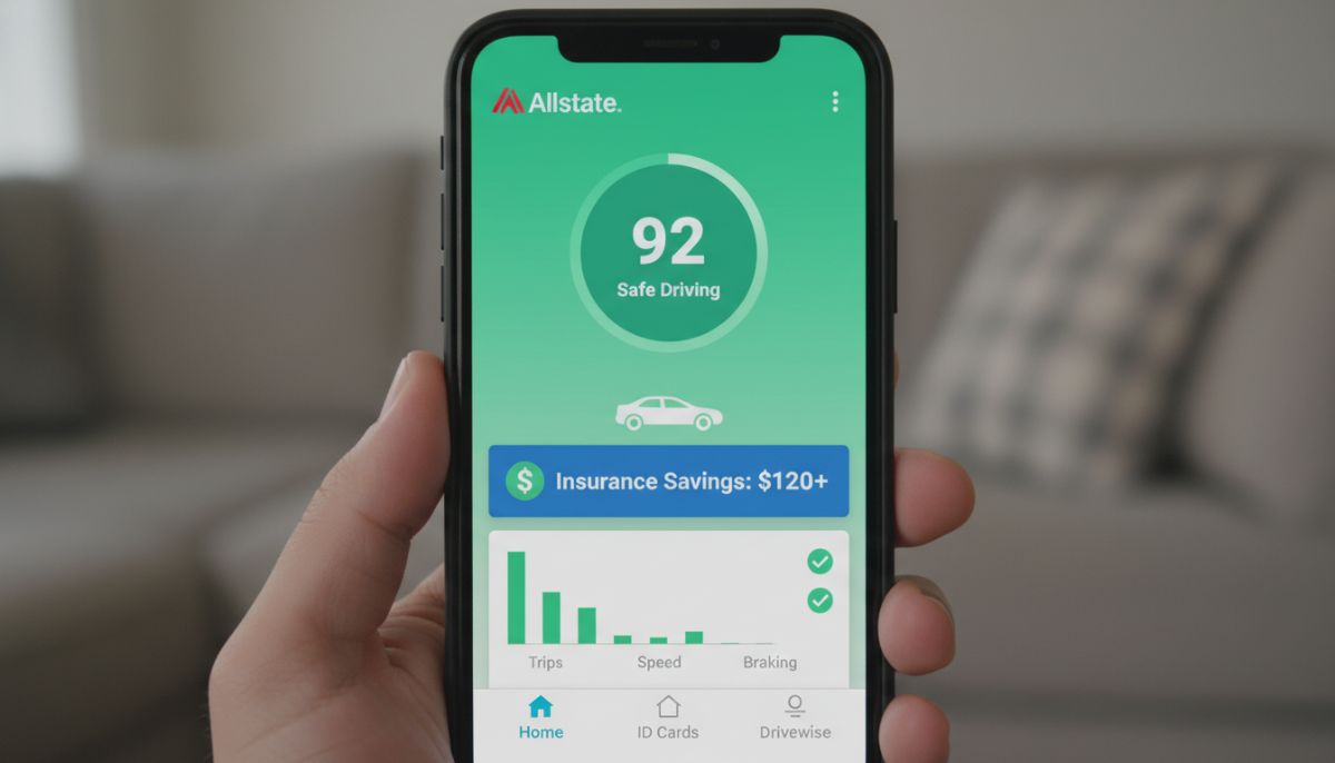 A close-up of a modern smartphone displaying the Allstate mobile app with a focus on a green 'Safe Driving' score and a digital dashboard indicating insurance savings.