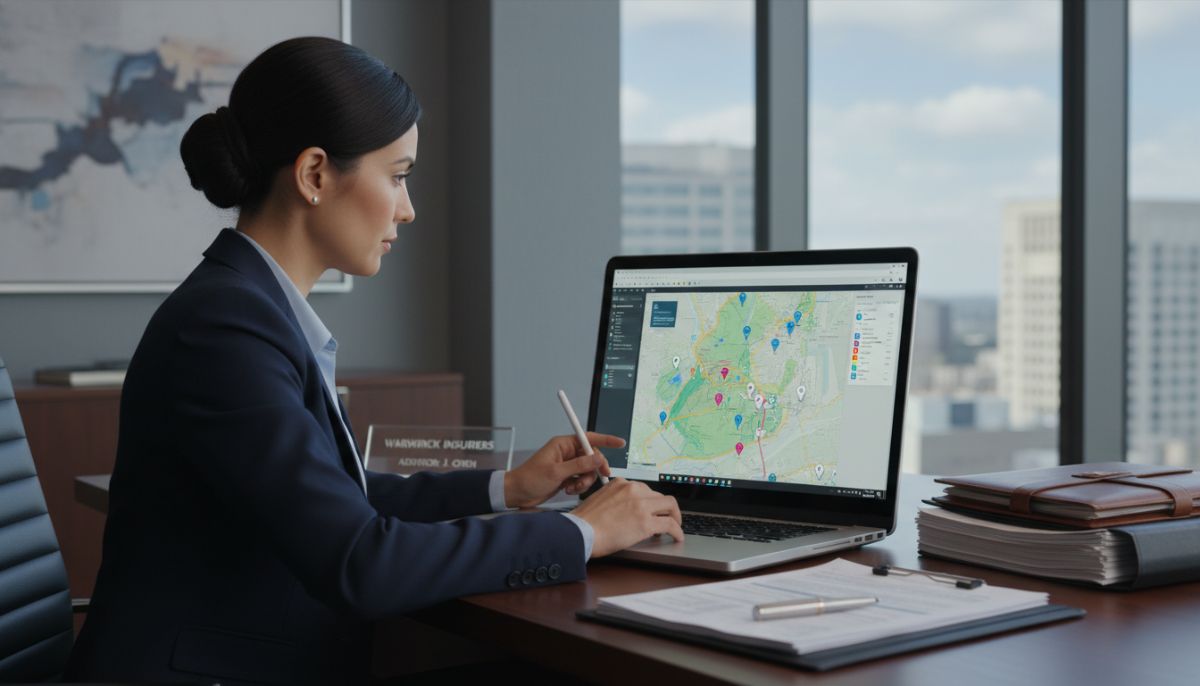 A professional insurance advisor sitting at a desk with a laptop and documents, looking at a digital map of Warwick Rhode Island, office setting, corporate aesthetic, high quality.