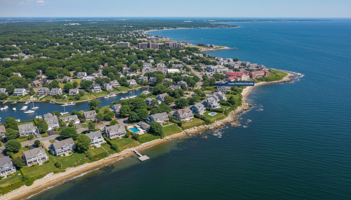 A beautiful aerial view of the Warwick Rhode Island coastline and residential houses during a clear day, showcasing the geographic context of the insurance market, professional photography.